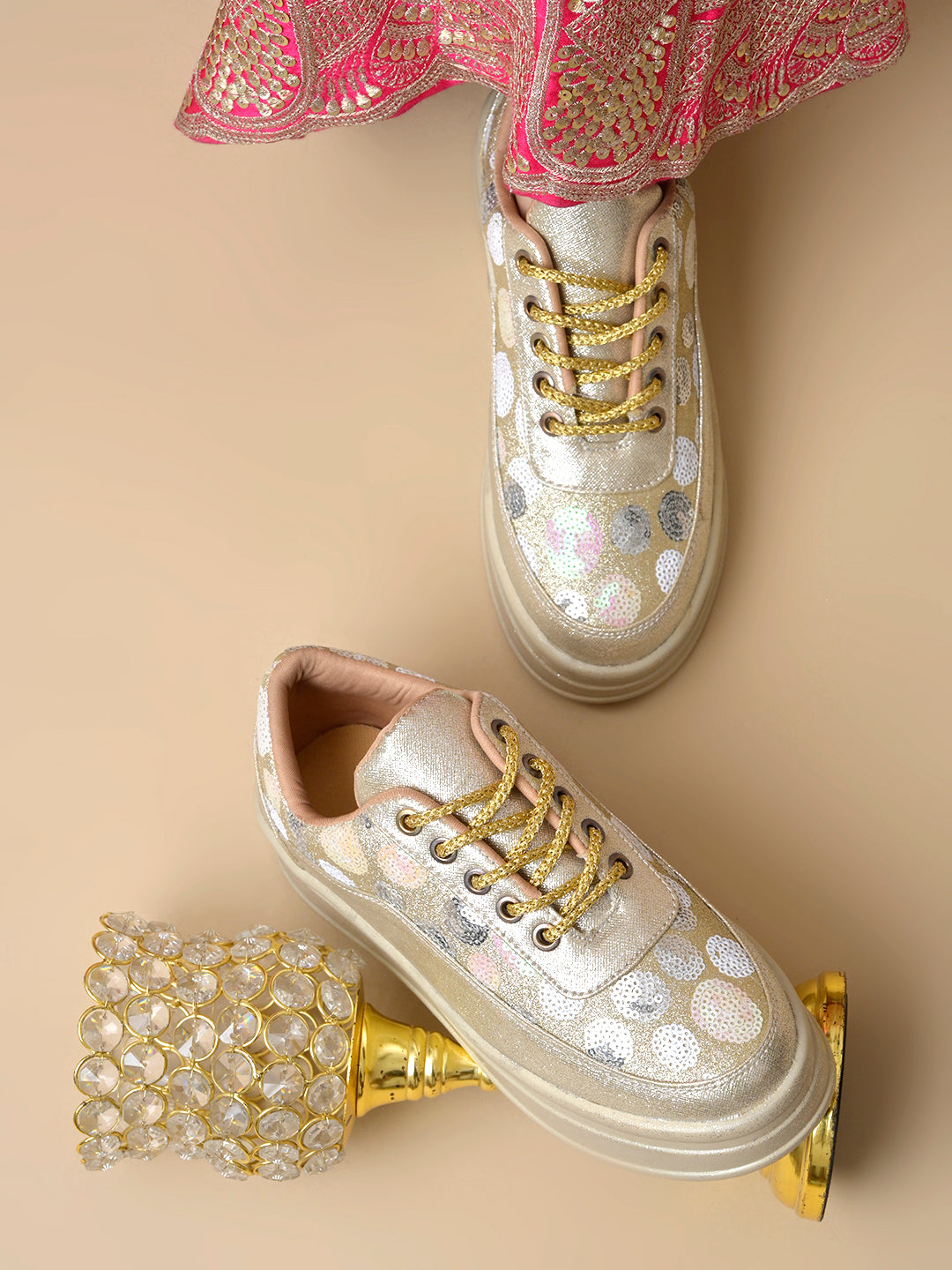 Golden Sequin Embellished Platform Sneakers | Stylish Chunky Fashion Lace-Ups