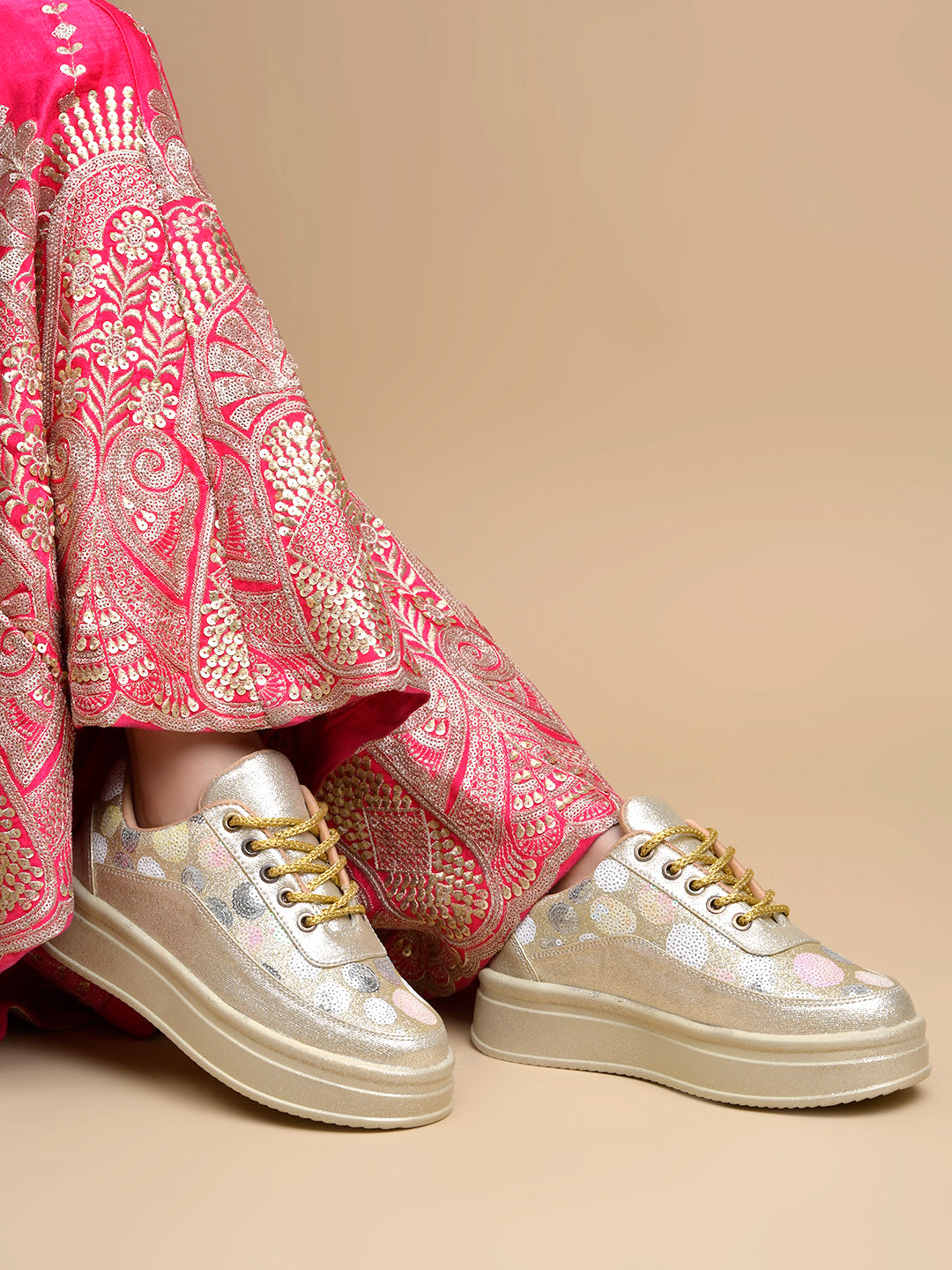 Golden Sequin Embellished Platform Sneakers | Stylish Chunky Fashion Lace-Ups