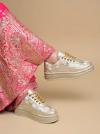 Golden Sequin Embellished Platform Sneakers | Stylish Chunky Fashion Lace-Ups
