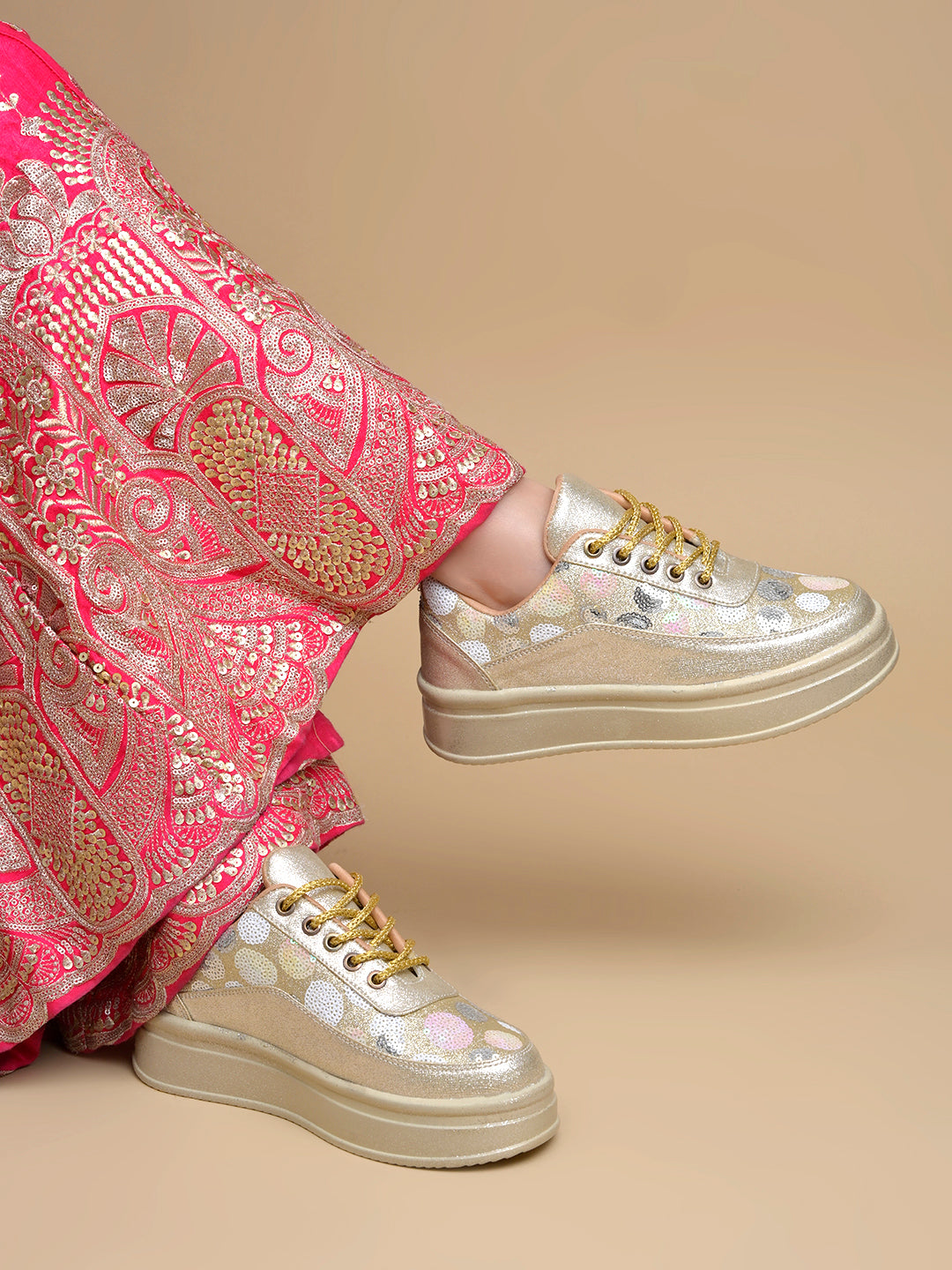Golden Sequin Embellished Platform Sneakers | Stylish Chunky Fashion Lace-Ups