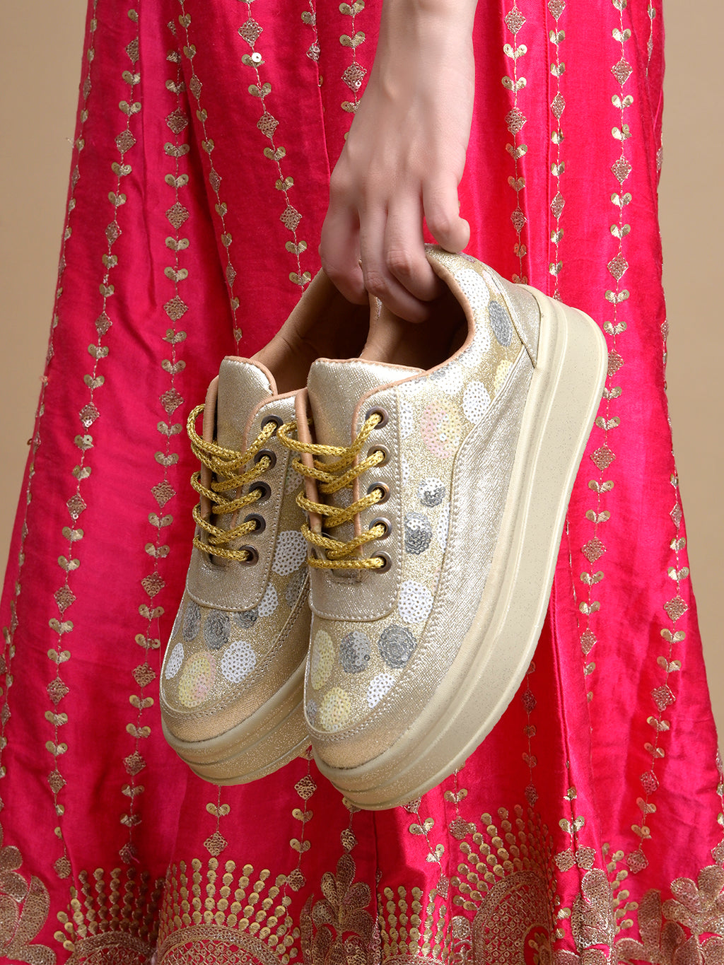 Golden Sequin Embellished Platform Sneakers | Stylish Chunky Fashion Lace-Ups