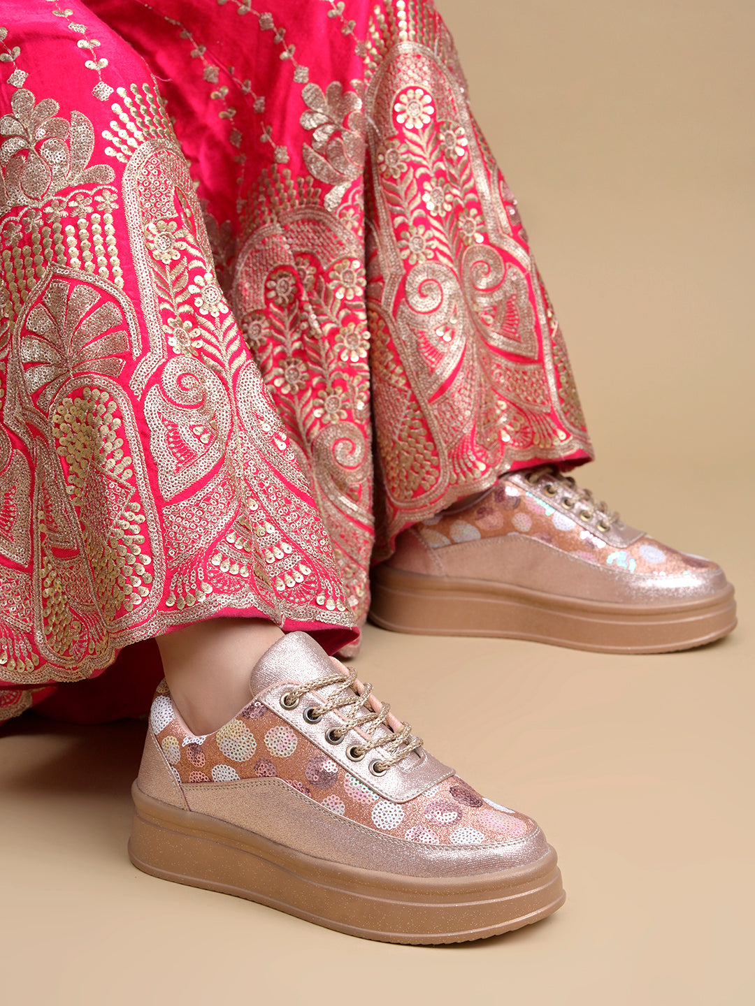 Rose Gold Sequin Embellished Platform Sneakers | Stylish Chunky Fashion Lace-Ups