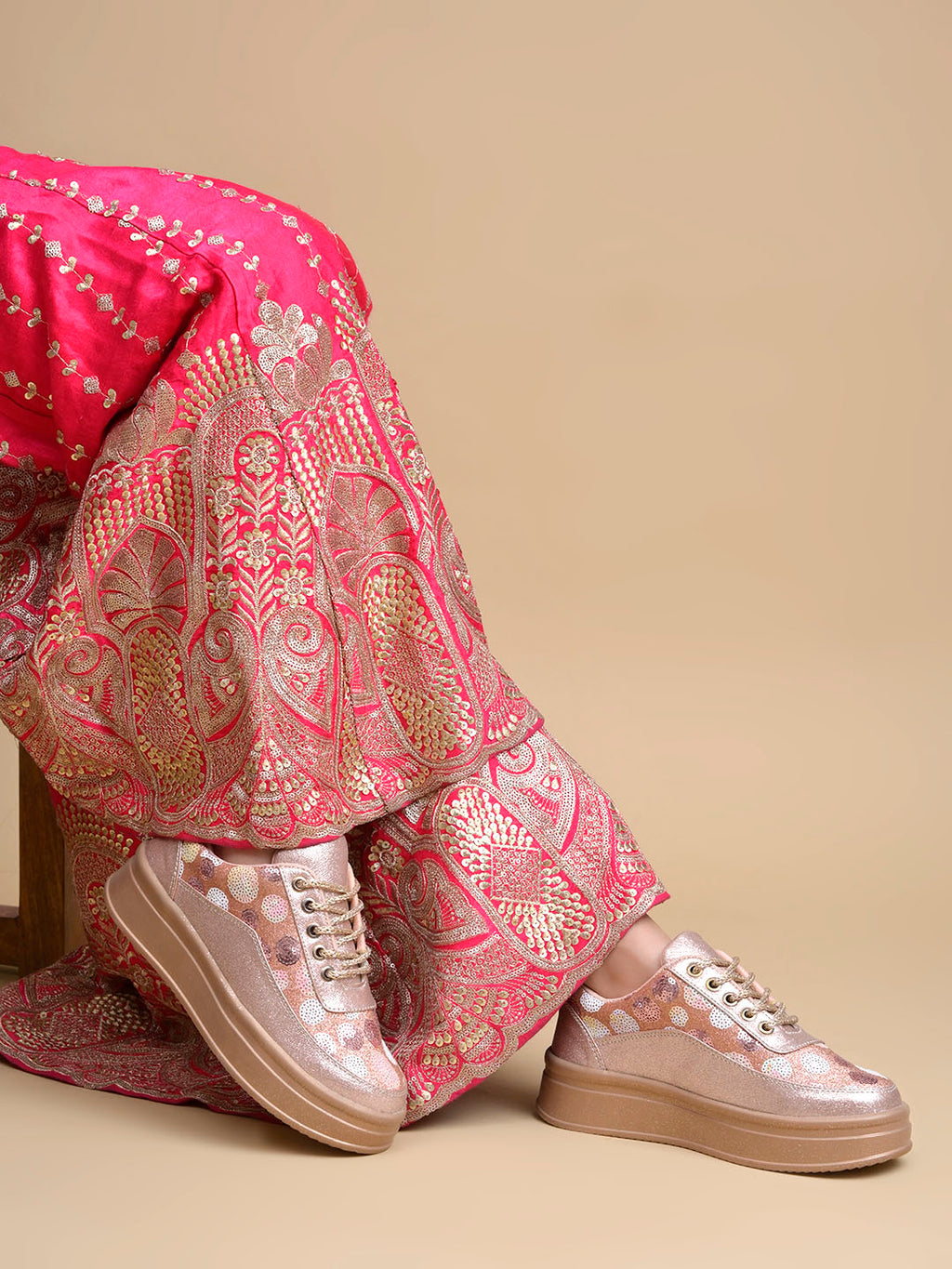 Rose Gold Sequin Embellished Platform Sneakers | Stylish Chunky Fashion Lace-Ups