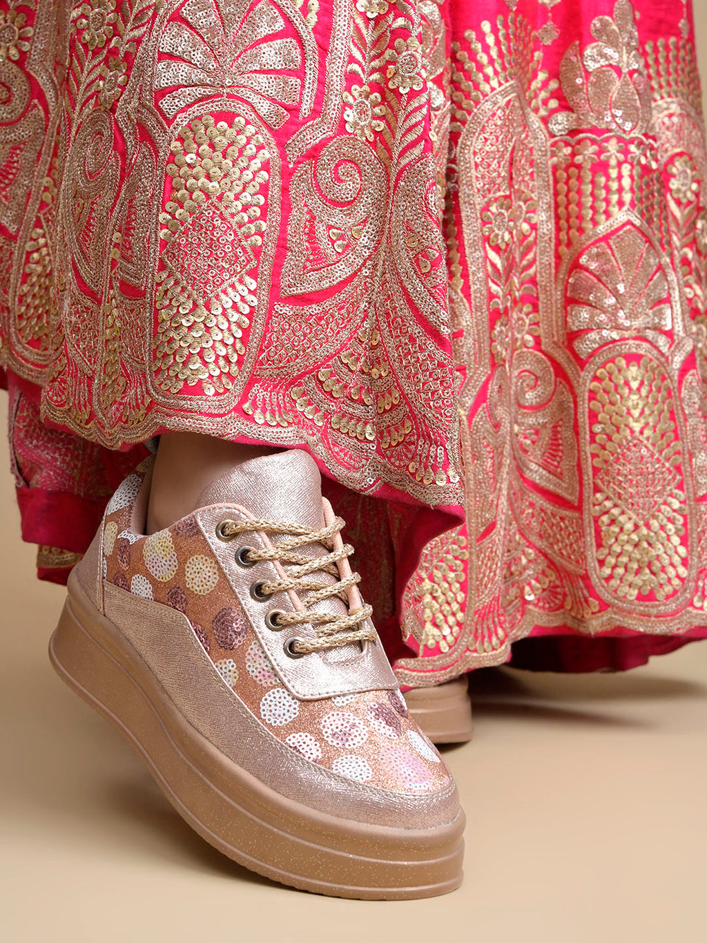 Rose Gold Sequin Embellished Platform Sneakers | Stylish Chunky Fashion Lace-Ups