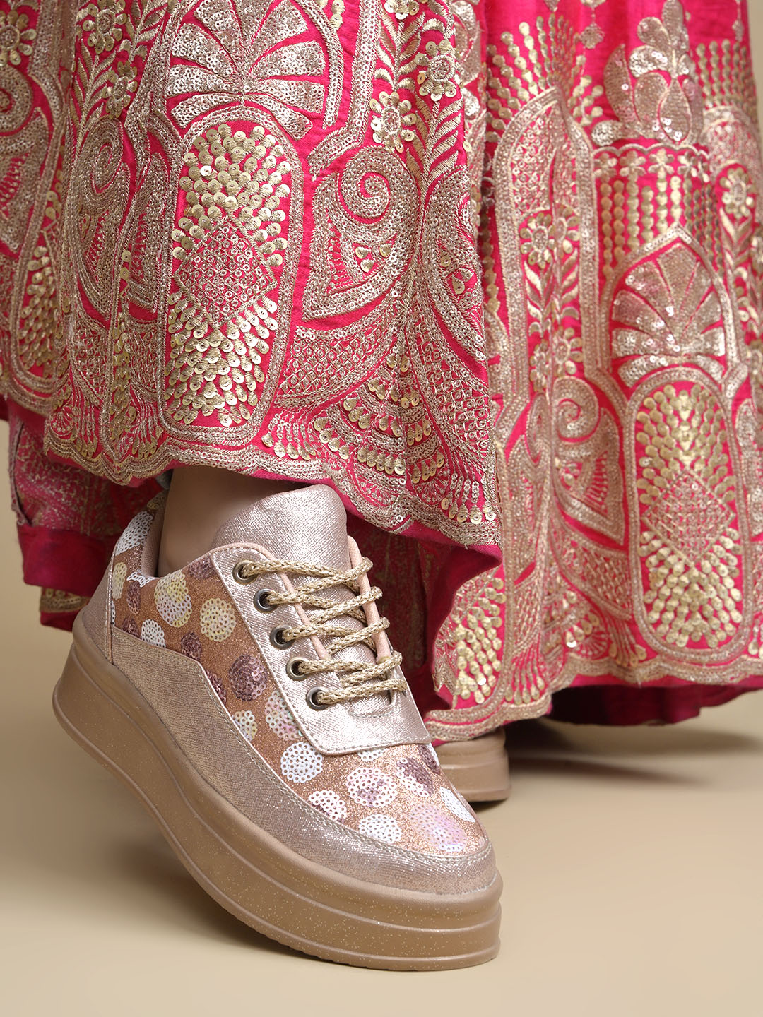 Rose Gold Sequin Embellished Platform Sneakers | Stylish Chunky Fashion Lace-Ups