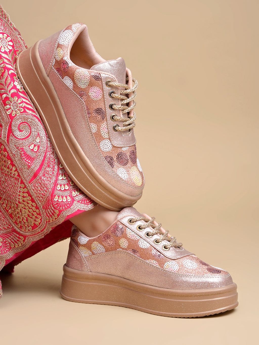 Rose Gold Sequin Embellished Platform Sneakers | Stylish Chunky Fashion Lace-Ups
