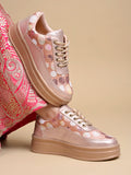 Rose Gold Sequin Embellished Platform Sneakers | Stylish Chunky Fashion Lace-Ups