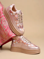 Rose Gold Sequin Embellished Platform Sneakers | Stylish Chunky Fashion Lace-Ups