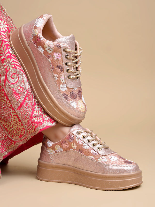 Rose Gold Sequin Embellished Platform Sneakers | Stylish Chunky Fashion Lace-Ups
