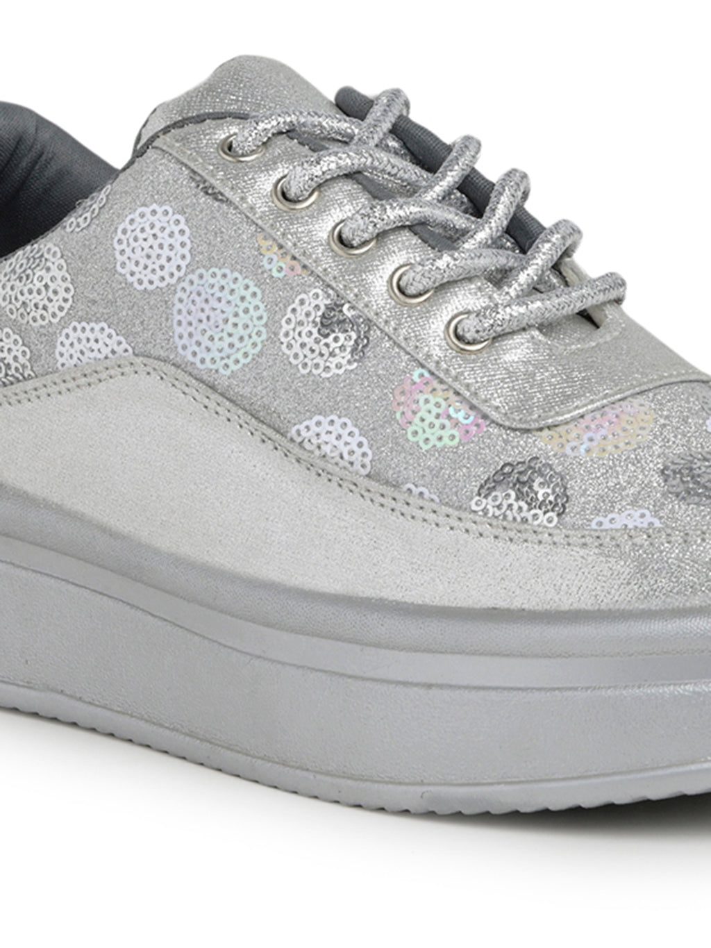 Silver Sequin Embellished Platform Sneakers | Stylish Chunky Fashion Lace-Ups