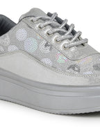 Silver Sequin Embellished Platform Sneakers | Stylish Chunky Fashion Lace-Ups
