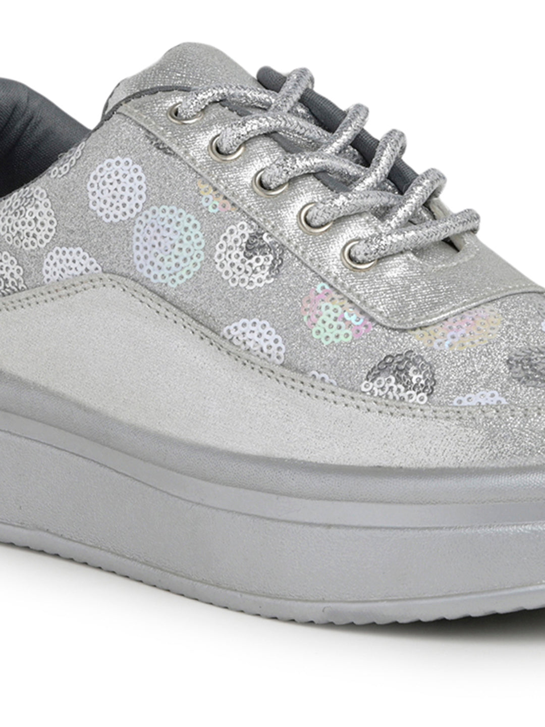 Silver Sequin Embellished Platform Sneakers | Stylish Chunky Fashion Lace-Ups