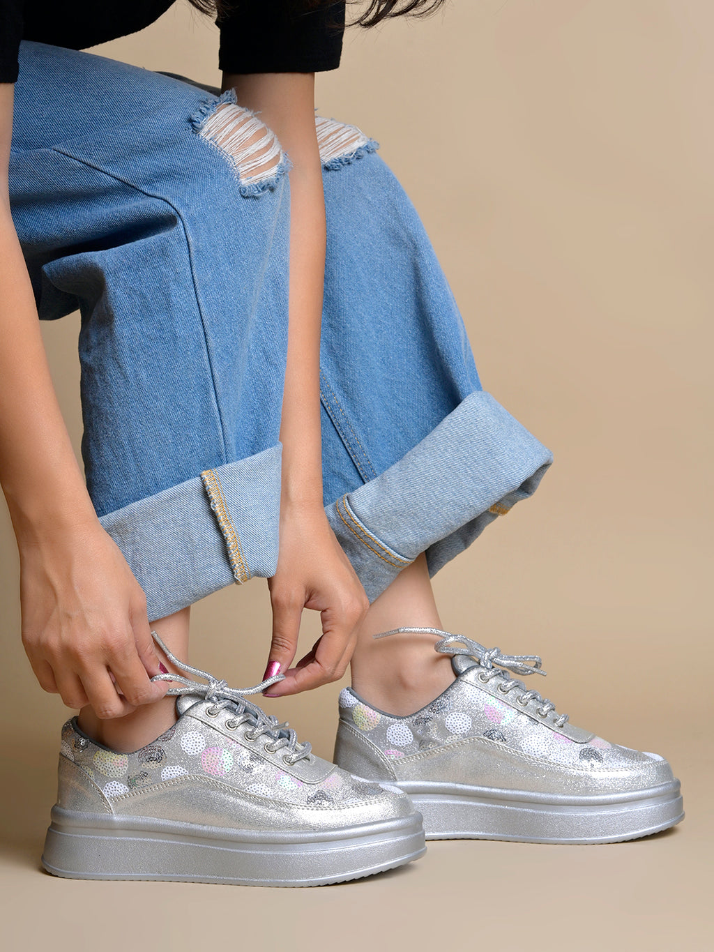 Silver Sequin Embellished Platform Sneakers | Stylish Chunky Fashion Lace-Ups