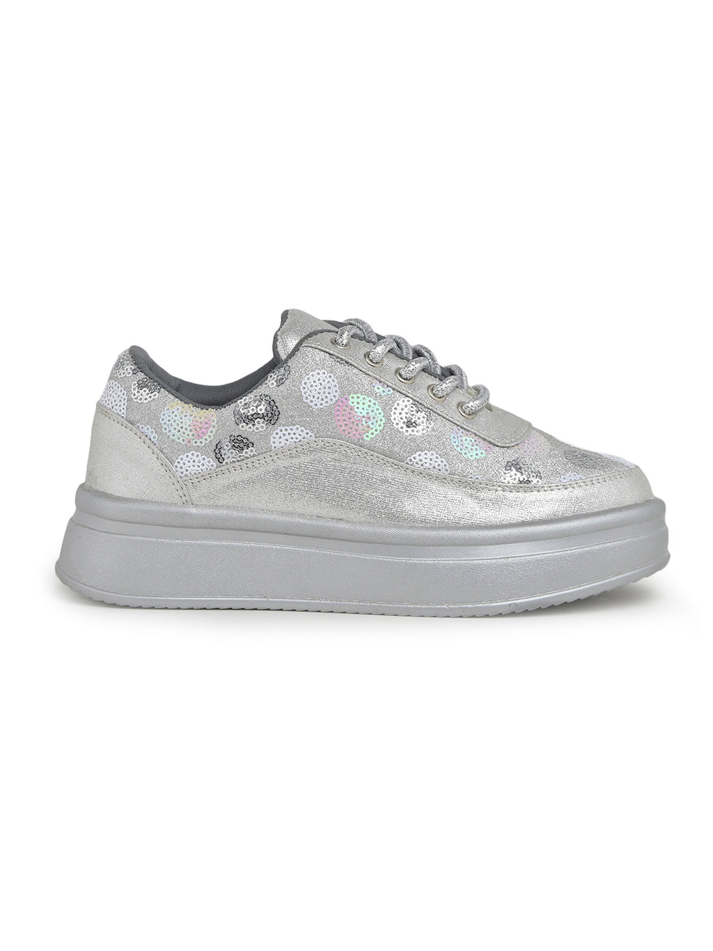 Silver Sequin Embellished Platform Sneakers | Stylish Chunky Fashion Lace-Ups