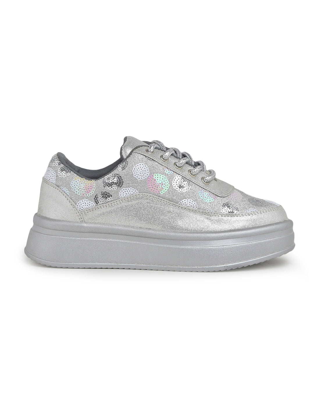 Silver Sequin Embellished Platform Sneakers | Stylish Chunky Fashion Lace-Ups