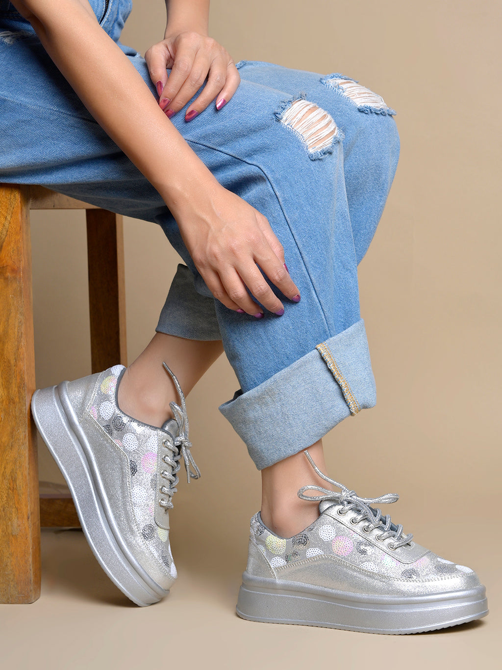 Silver Sequin Embellished Platform Sneakers | Stylish Chunky Fashion Lace-Ups