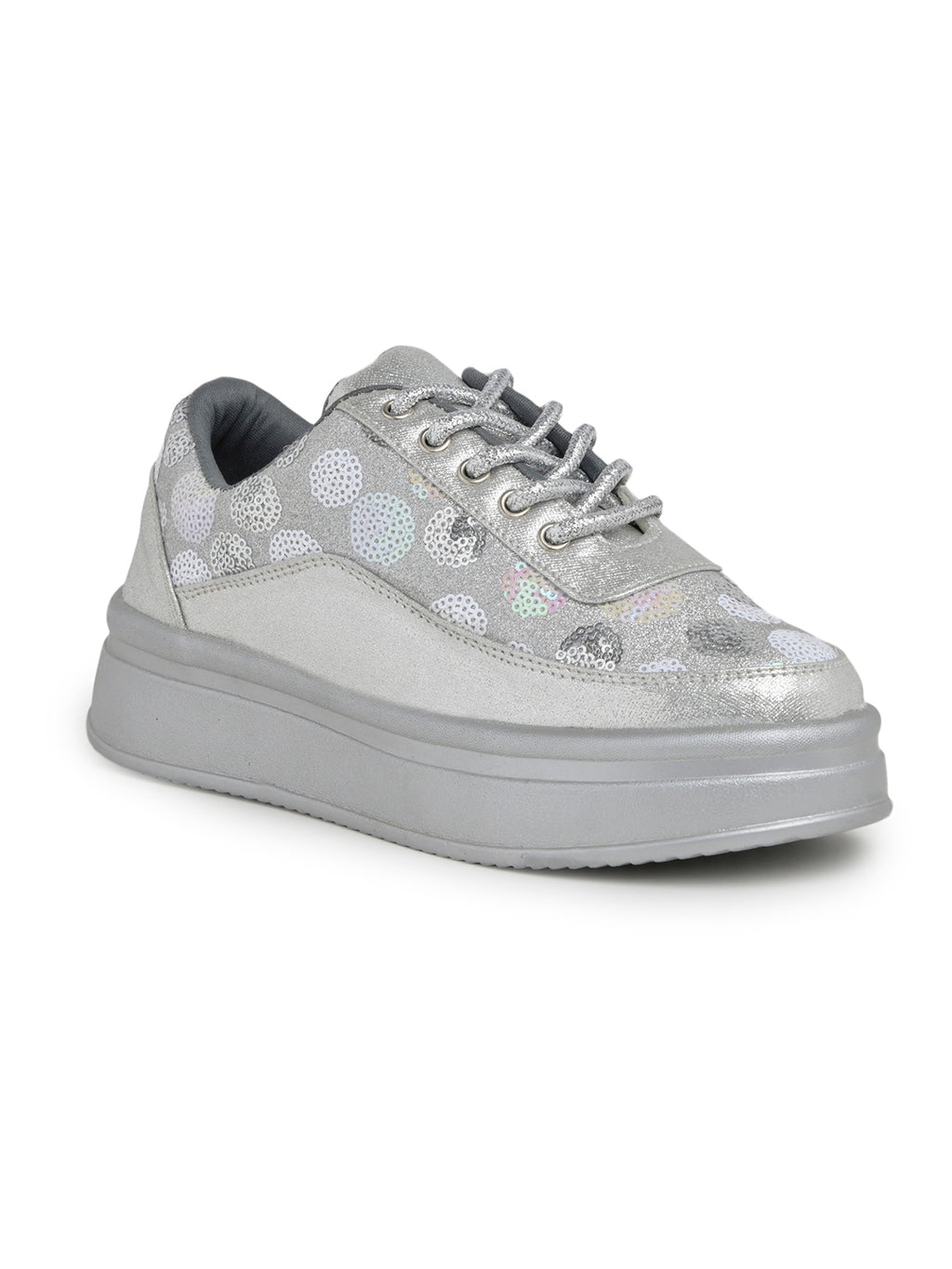 Silver Sequin Embellished Platform Sneakers | Stylish Chunky Fashion Lace-Ups