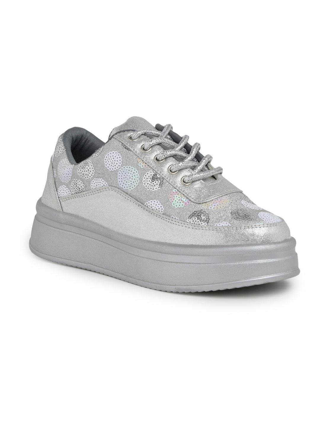 Silver Sequin Embellished Platform Sneakers | Stylish Chunky Fashion Lace-Ups