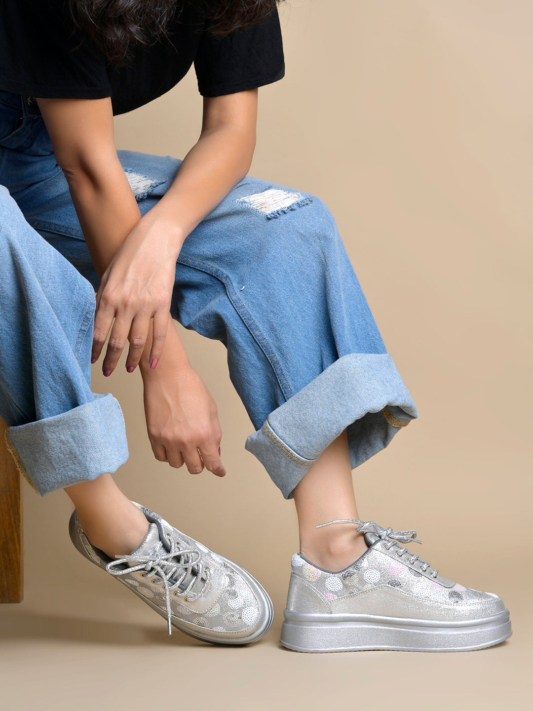 Silver Sequin Embellished Platform Sneakers | Stylish Chunky Fashion Lace-Ups