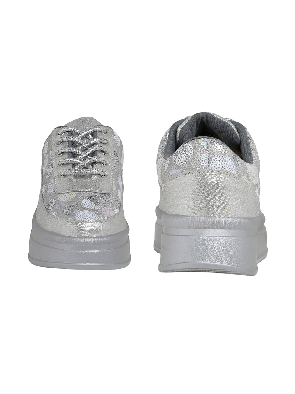 Silver Sequin Embellished Platform Sneakers | Stylish Chunky Fashion Lace-Ups