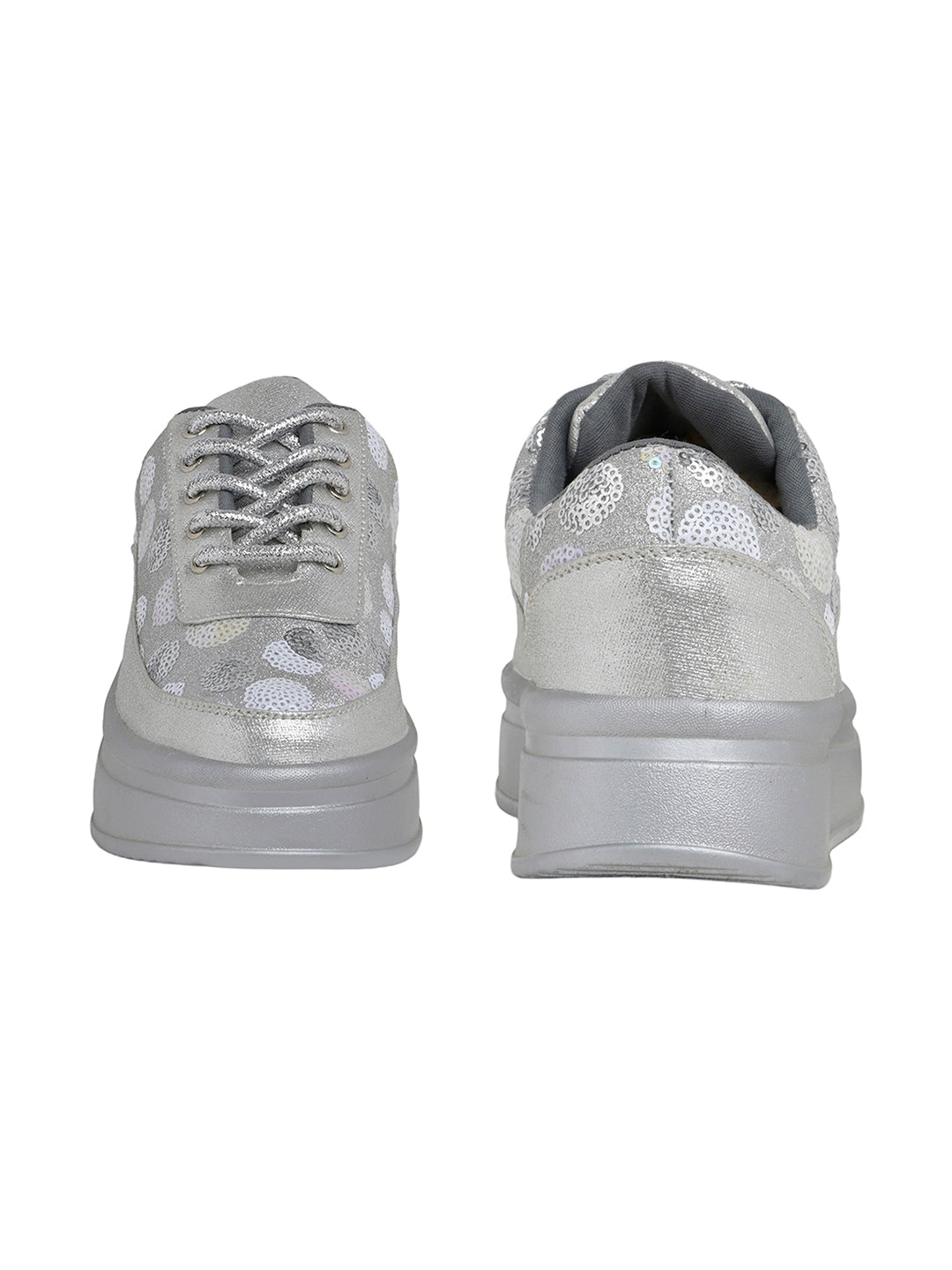 Silver Sequin Embellished Platform Sneakers | Stylish Chunky Fashion Lace-Ups