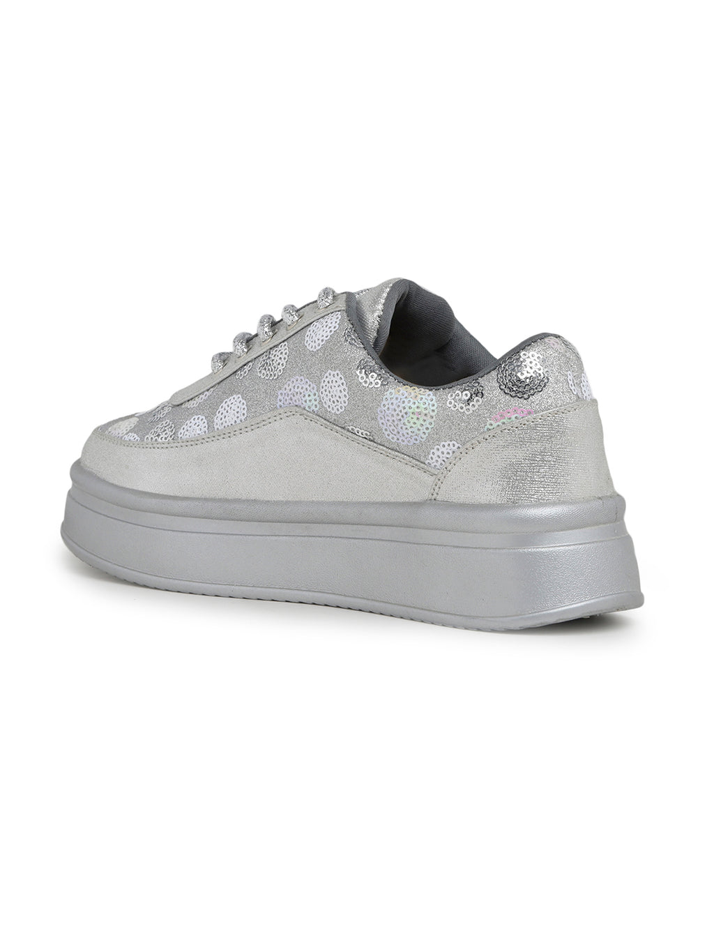 Silver Sequin Embellished Platform Sneakers | Stylish Chunky Fashion Lace-Ups