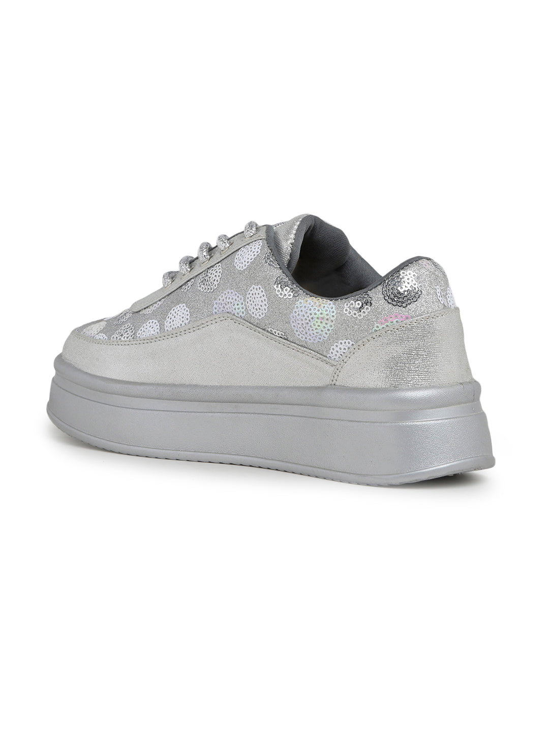 Silver Sequin Embellished Platform Sneakers | Stylish Chunky Fashion Lace-Ups