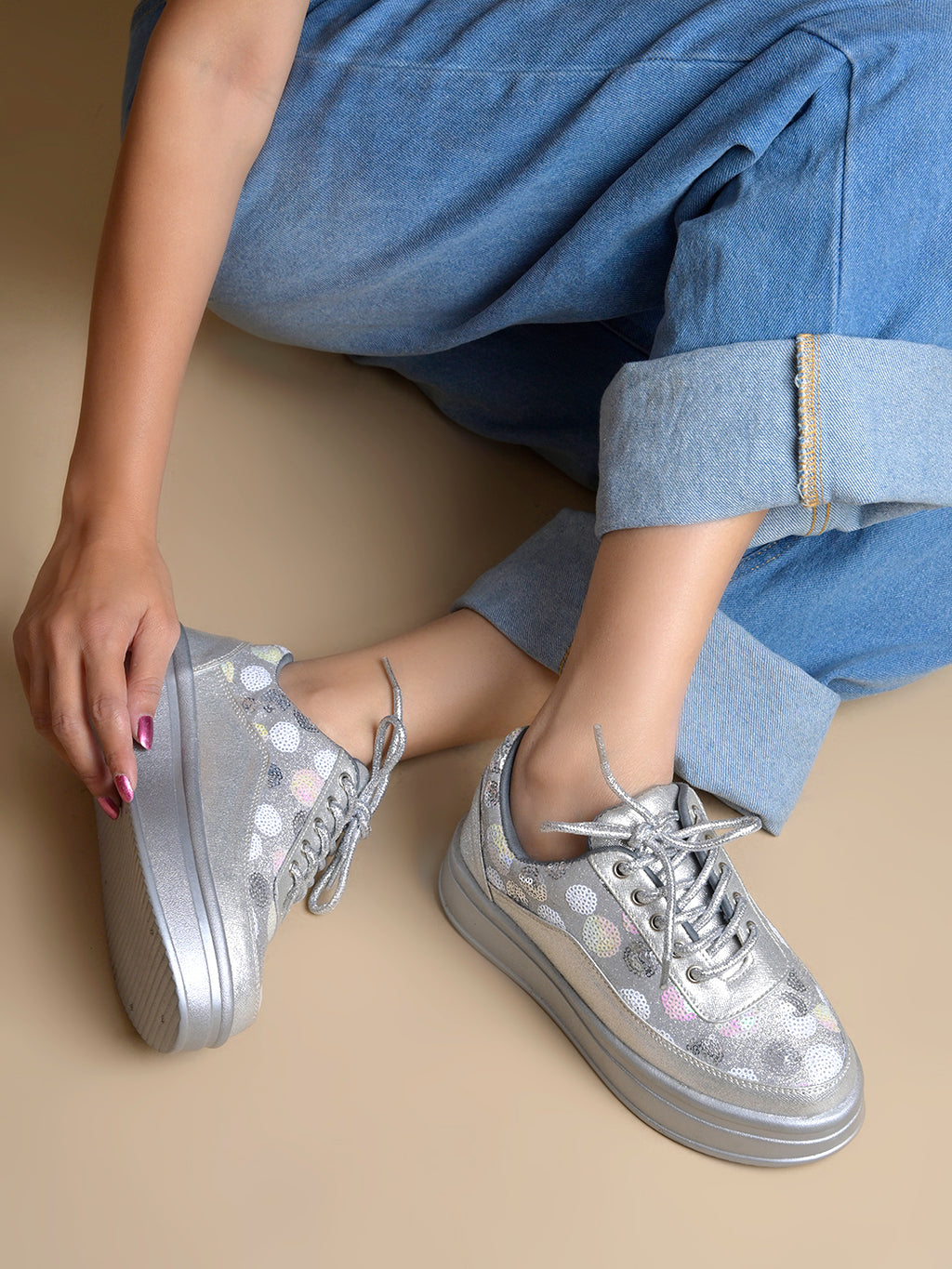 Silver Sequin Embellished Platform Sneakers | Stylish Chunky Fashion Lace-Ups