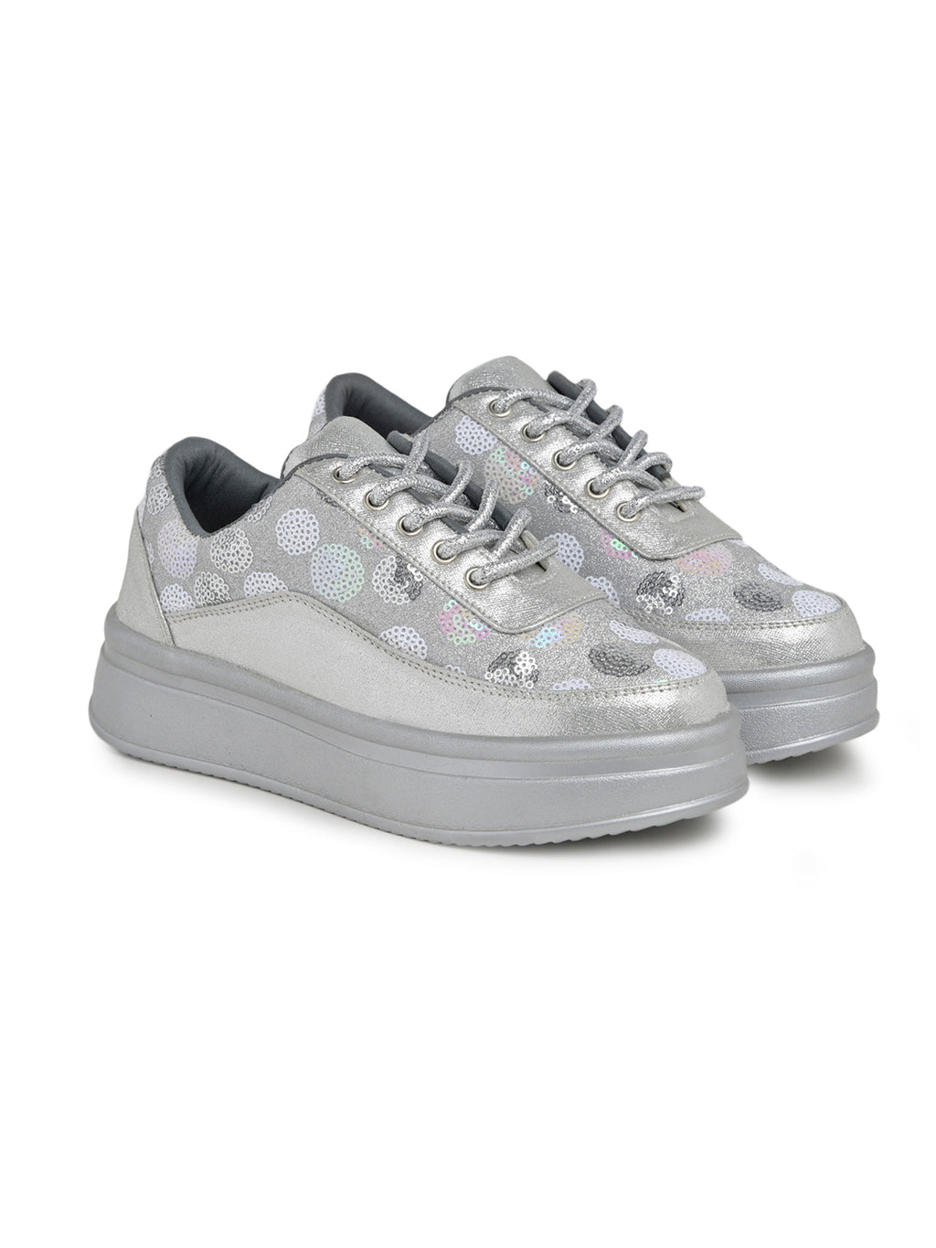 Silver Sequin Embellished Platform Sneakers | Stylish Chunky Fashion Lace-Ups