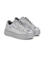 Silver Sequin Embellished Platform Sneakers | Stylish Chunky Fashion Lace-Ups