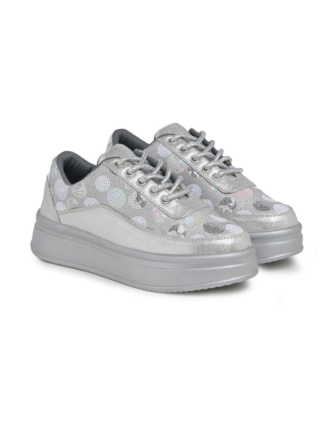 Silver Sequin Embellished Platform Sneakers | Stylish Chunky Fashion Lace-Ups