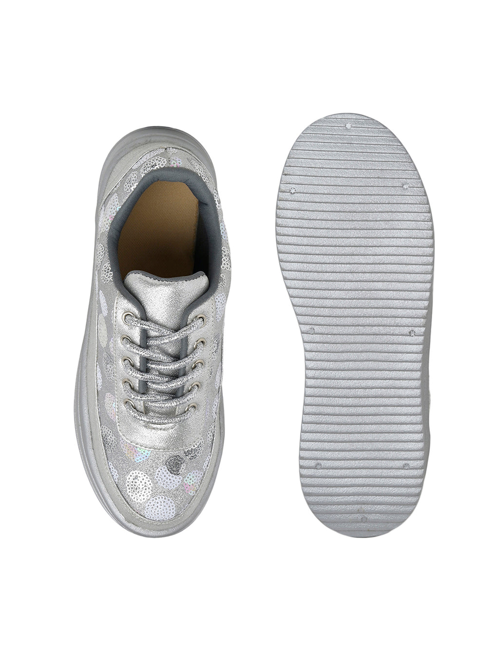 Silver Sequin Embellished Platform Sneakers | Stylish Chunky Fashion Lace-Ups