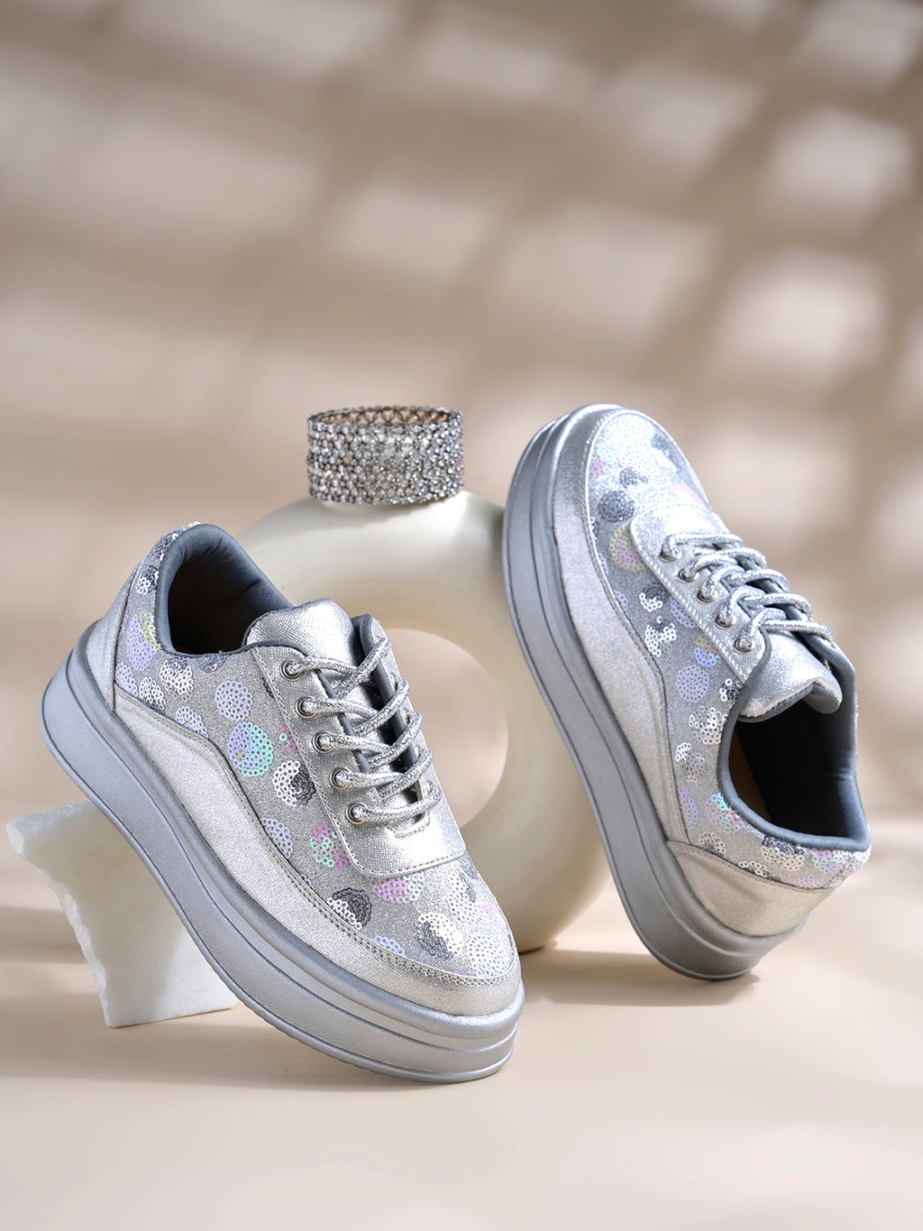Silver Sequin Embellished Platform Sneakers | Stylish Chunky Fashion Lace-Ups