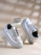 Silver Sequin Embellished Platform Sneakers | Stylish Chunky Fashion Lace-Ups