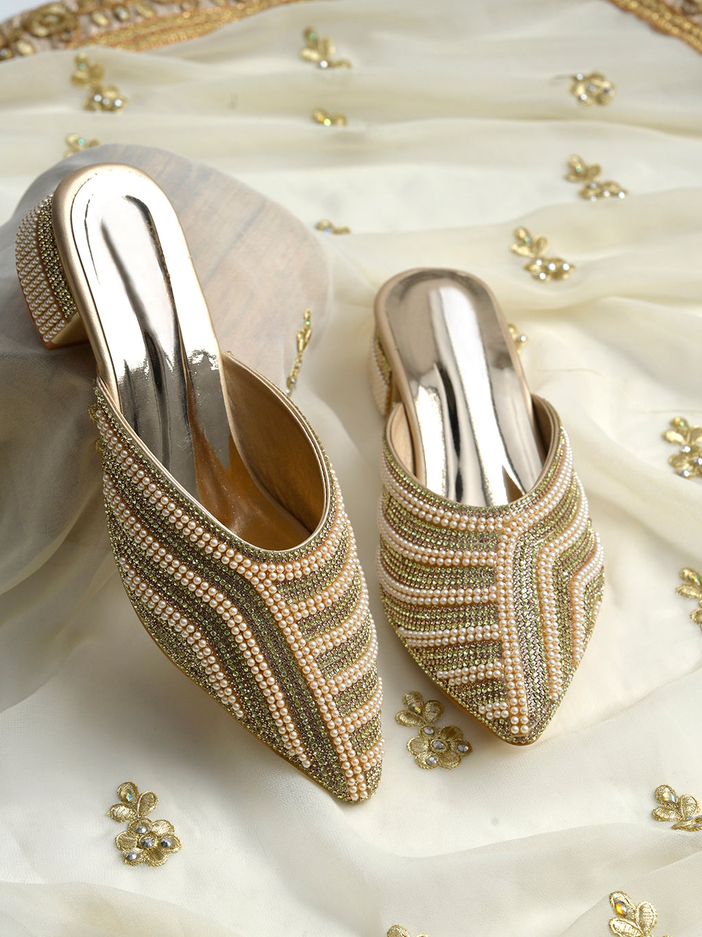 Ethereal Golden Embellished Block-Heel Mules For Women & Girls