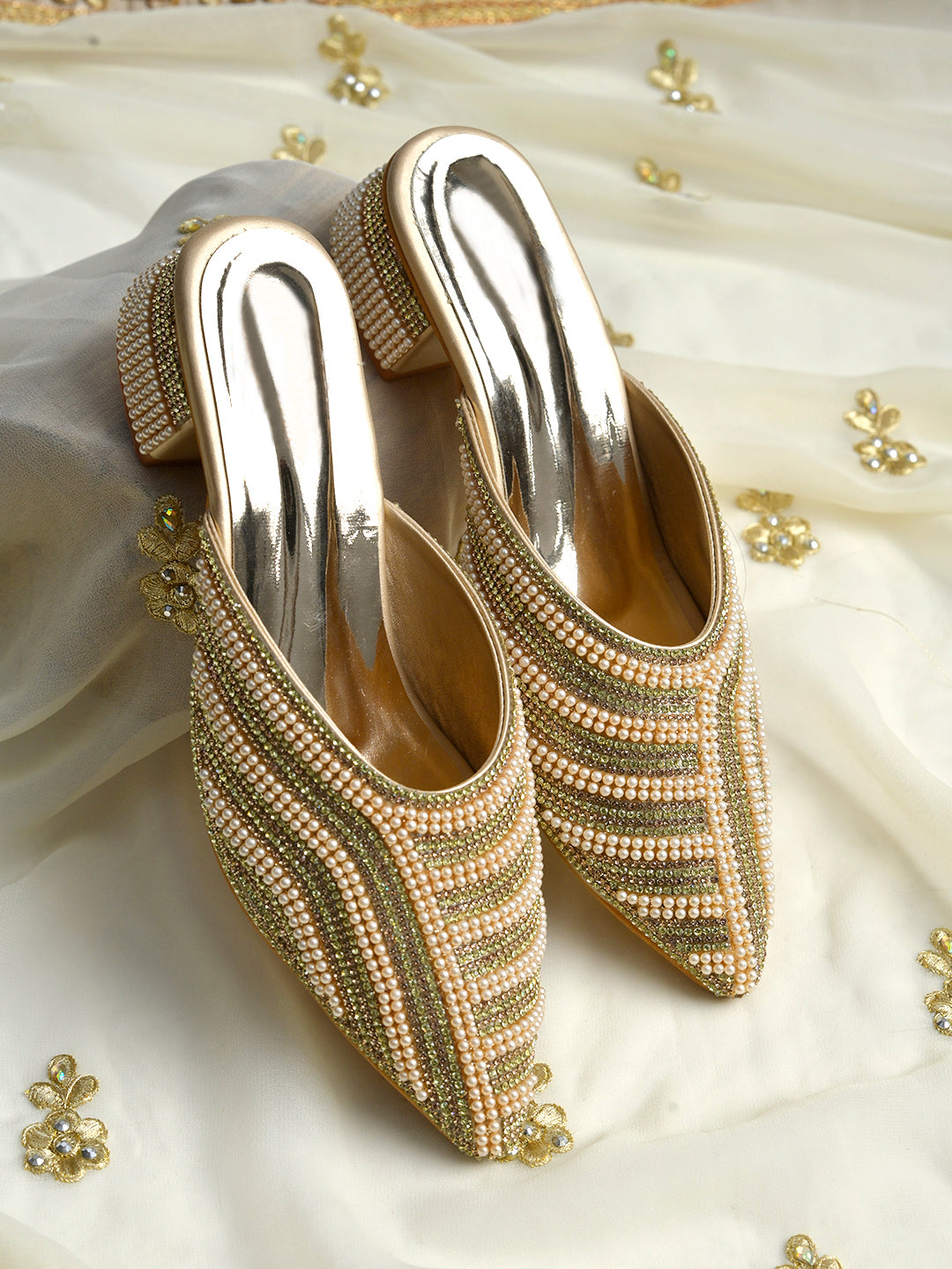 Ethereal Golden Embellished Block-Heel Mules For Women & Girls
