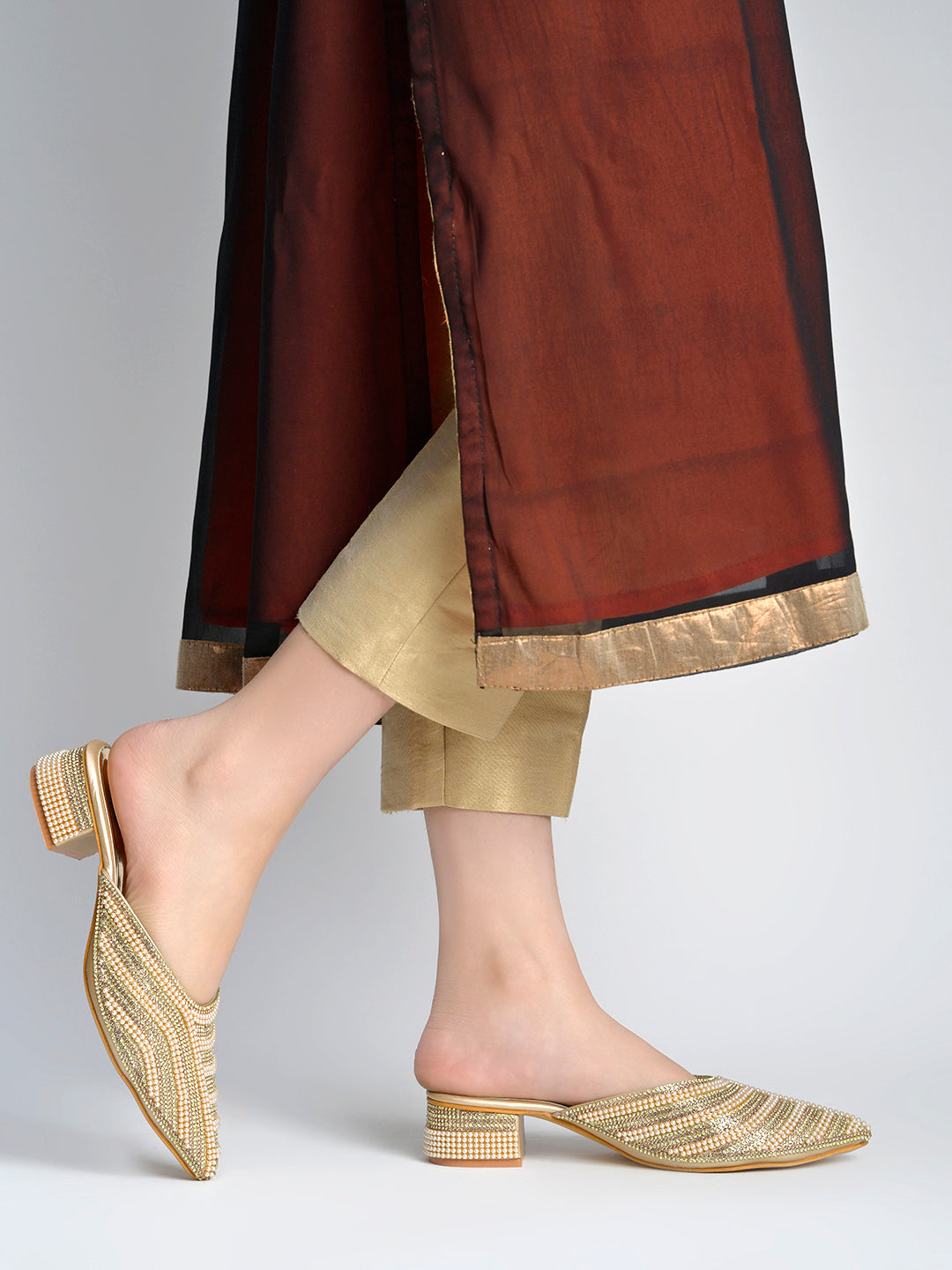 Ethereal Golden Embellished Block-Heel Mules For Women & Girls