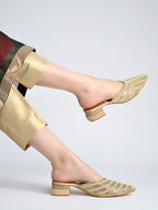 Ethereal Golden Embellished Block-Heel Mules For Women & Girls