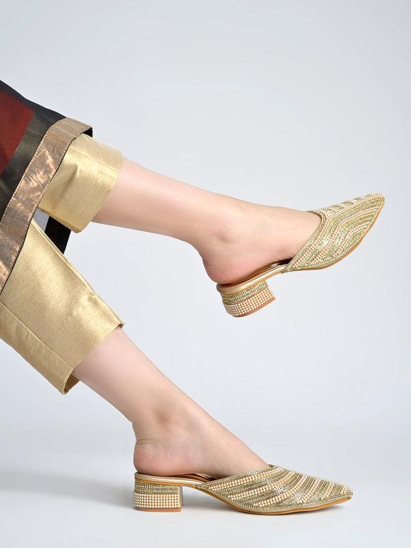 Ethereal Golden Embellished Block-Heel Mules For Women & Girls