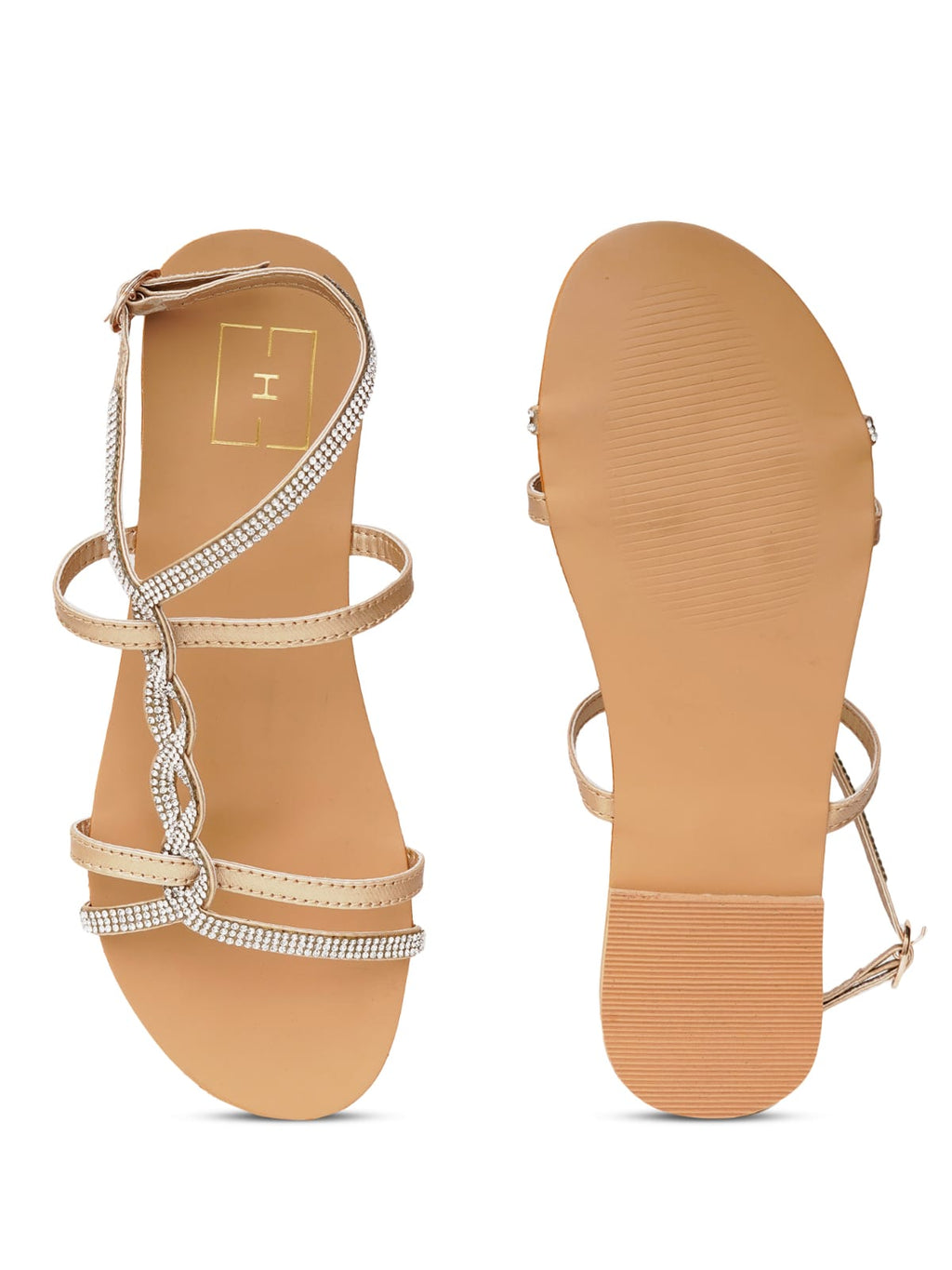 Beige Rhinestone Flats for Women | Stylish Comfortable Luxury Sandals for Daily & Festive Wear