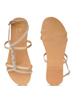 Beige Rhinestone Flats for Women | Stylish Comfortable Luxury Sandals for Daily & Festive Wear