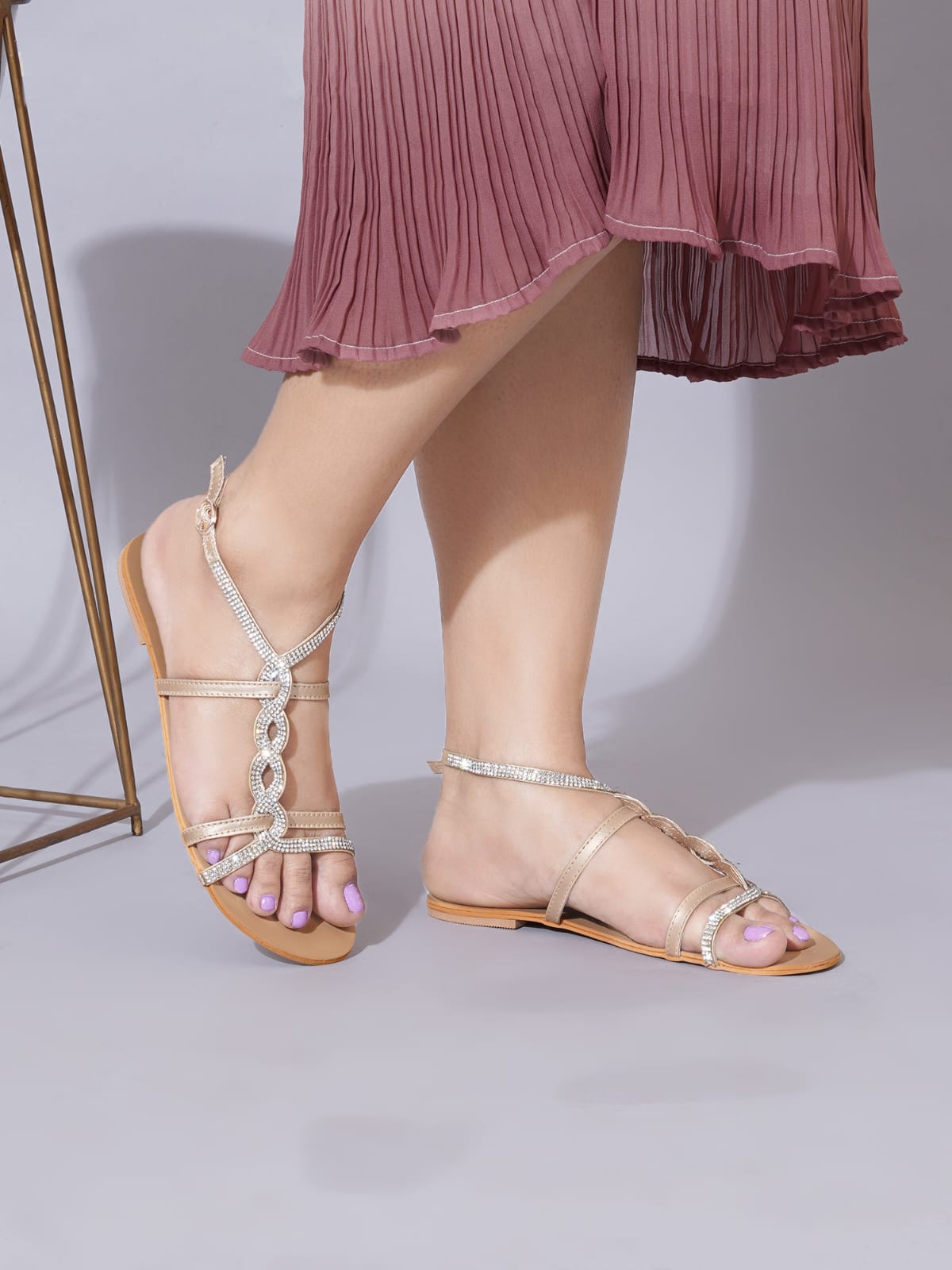 Beige Rhinestone Flats for Women | Stylish Comfortable Luxury Sandals for Daily & Festive Wear