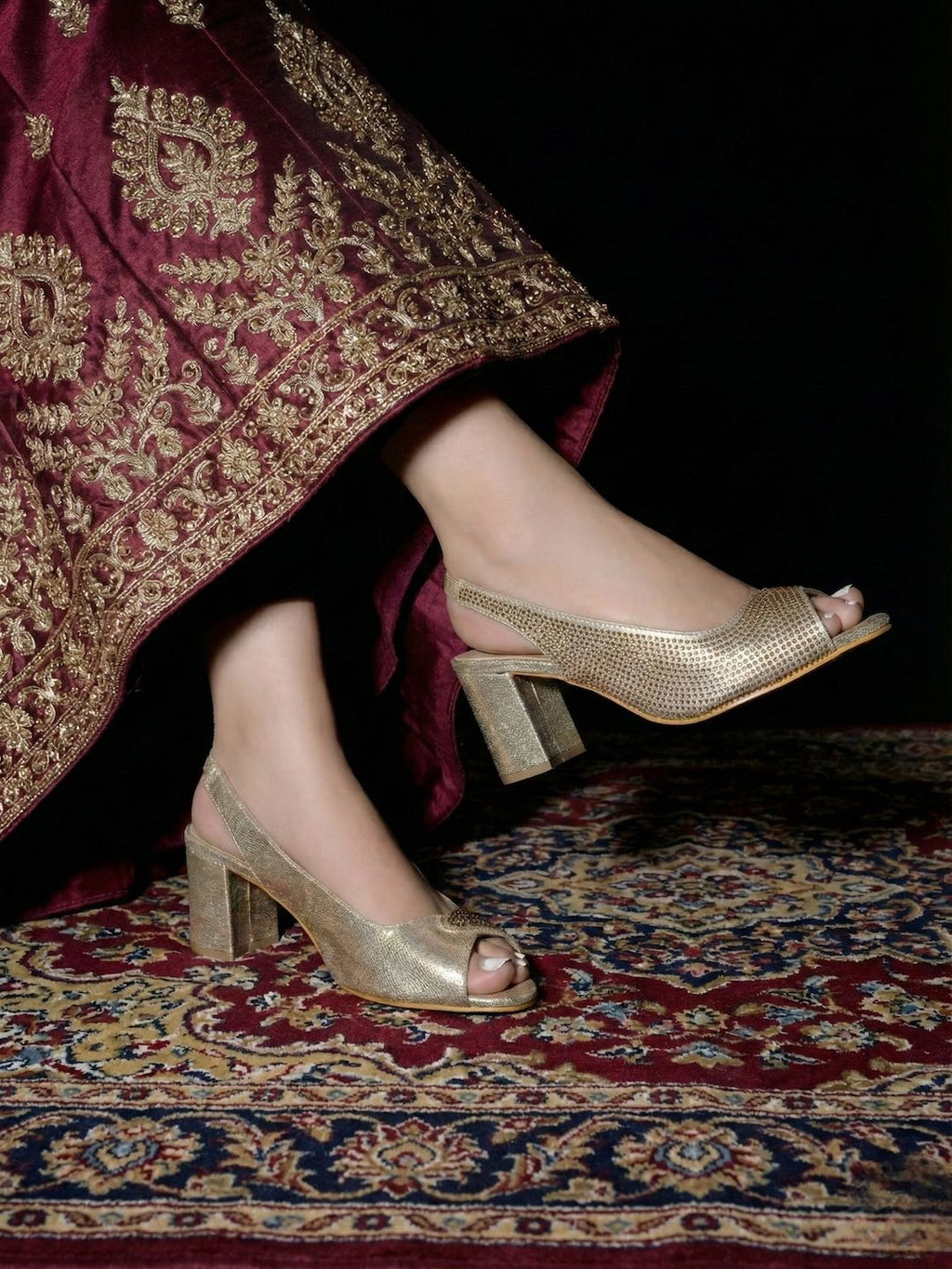 Golden Peep Toe Pumps for Women with Rhinestones | Stylish Luxury Party & Bridal Heels