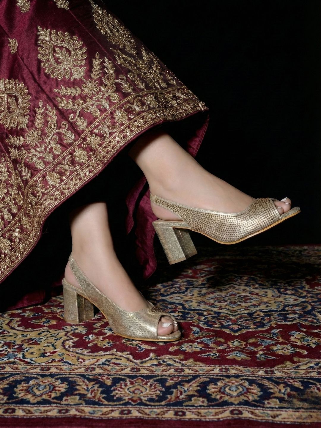 Golden Peep Toe Pumps for Women with Rhinestones | Stylish Luxury Party & Bridal Heels