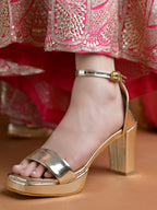 Gold Block Heel Sandals for Women | Comfortable Party Wear Heels | Wedding & Festive Luxury Footwear
