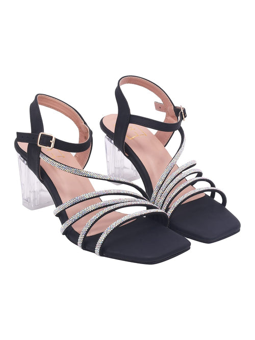 Black Embellished Heels for Women | Rhinestone Stiletto Sandals | Premium Evening & Formal Footwear