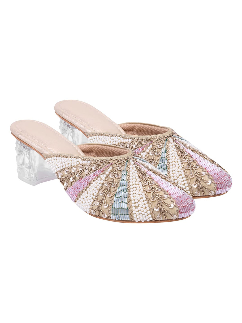Handcrafted Embellished Mules with Transparent Block Heels – Champagne Multicolor For Women