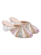 Handcrafted Embellished Mules with Transparent Block Heels – Champagne Multicolor For Women