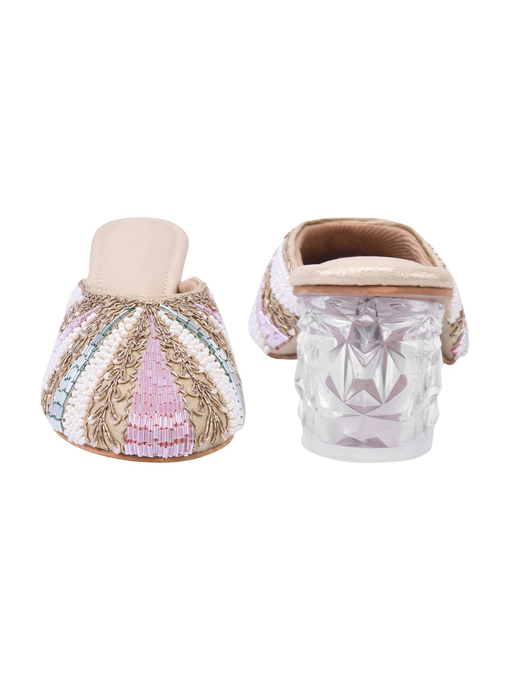 Handcrafted Embellished Mules with Transparent Block Heels – Champagne Multicolor For Women