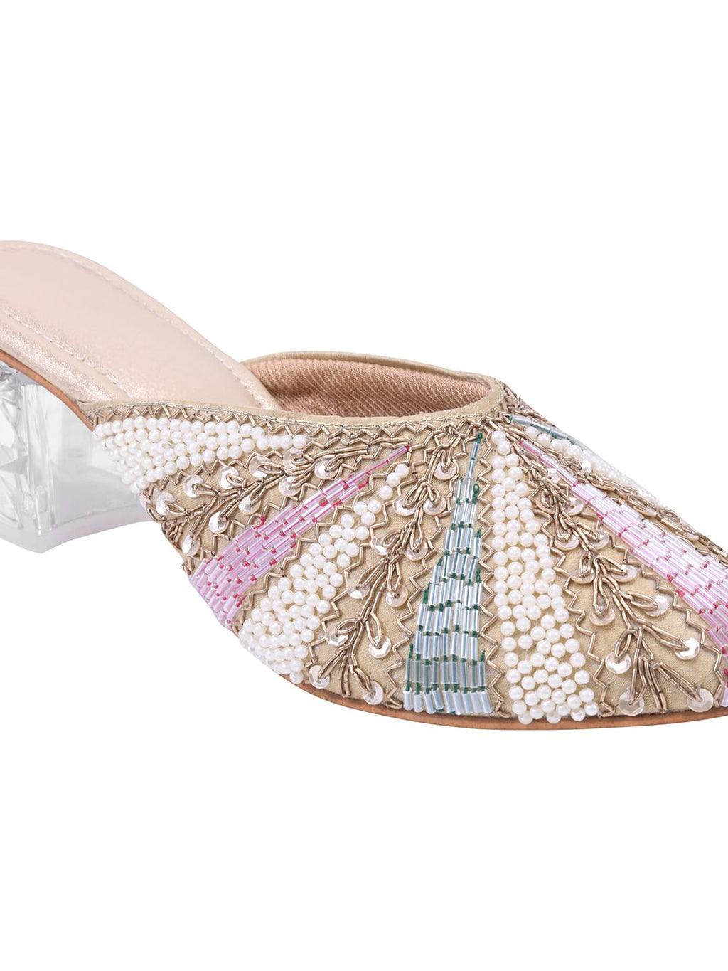 Handcrafted Embellished Mules with Transparent Block Heels – Champagne Multicolor For Women